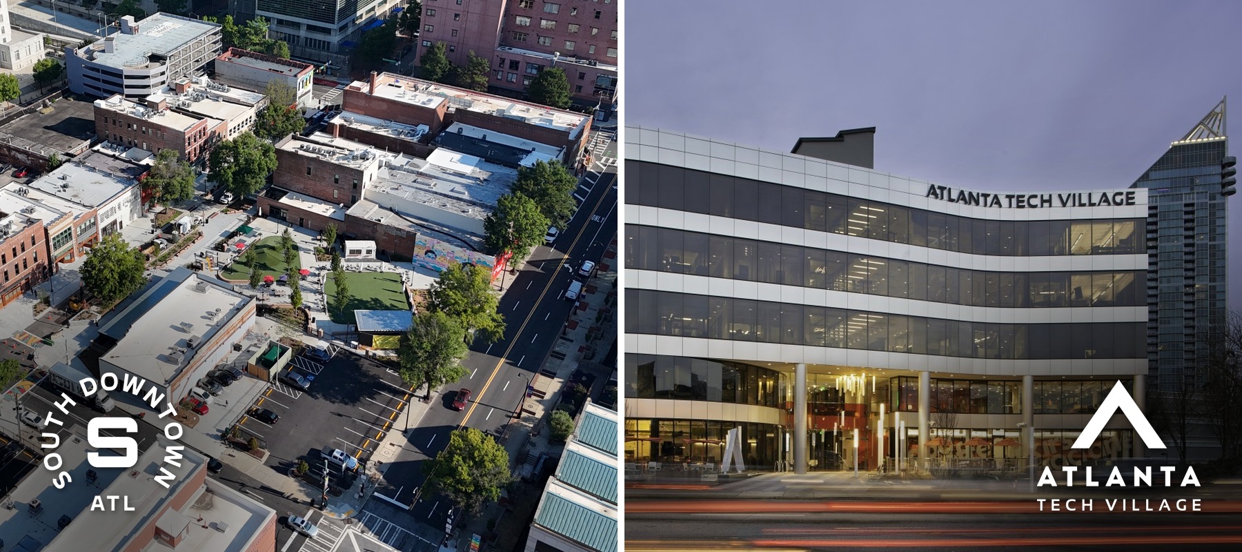 Aerial view of South Downtown ATL next to the Atlanta Tech Village building